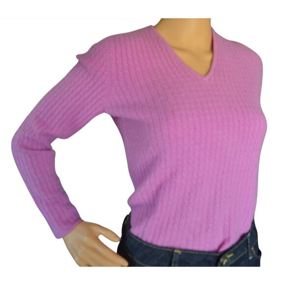 Ann Taylor Cashmere Fuchsia Pink V-Neck Sweater 2 Ply Preppy Womens Size Medium - Picture 3 of 9